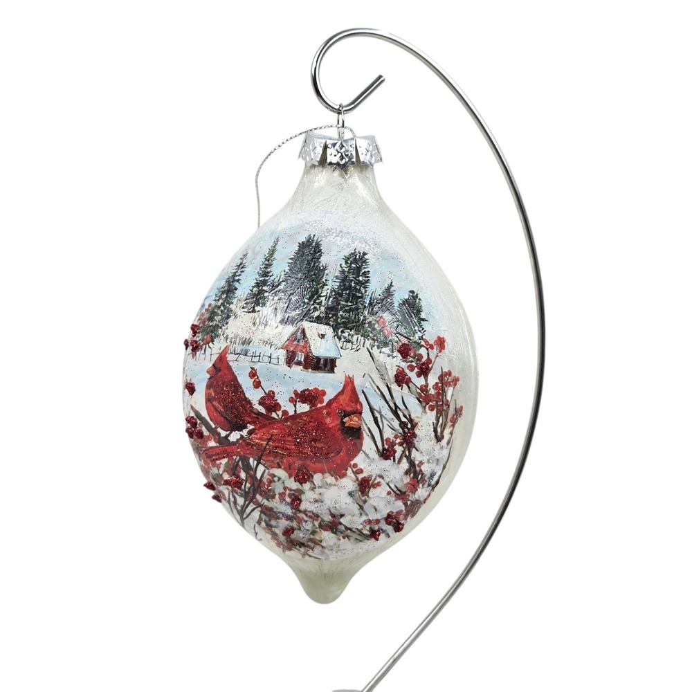 Vtg Hand Painted Cardinals Winter Scene 6.5" Textured Blown Glass Ornament NICE